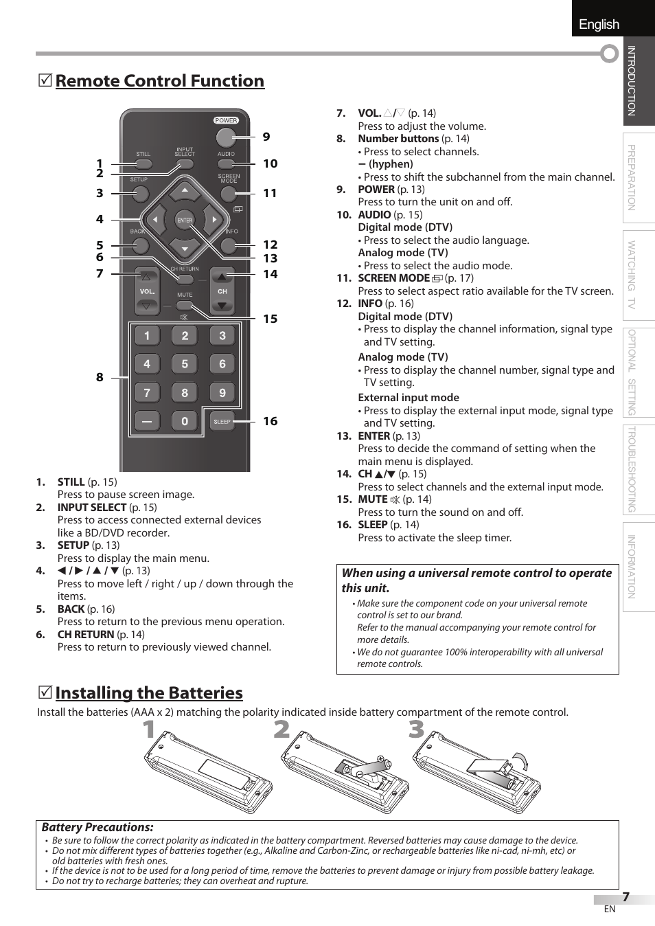 English español français, Remote control function 5, Installing the batteries | FUNAI LC320EMX User Manual | Page 7 / 114