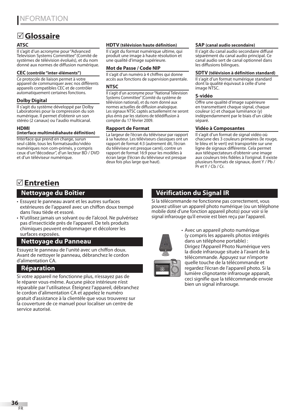 Nformation, Glossaire 5, Entretien 5 | Nettoyage du boîtier, Nettoyage du panneau, Réparation, Vérification du signal ir | FUNAI LC320EMX User Manual | Page 74 / 114