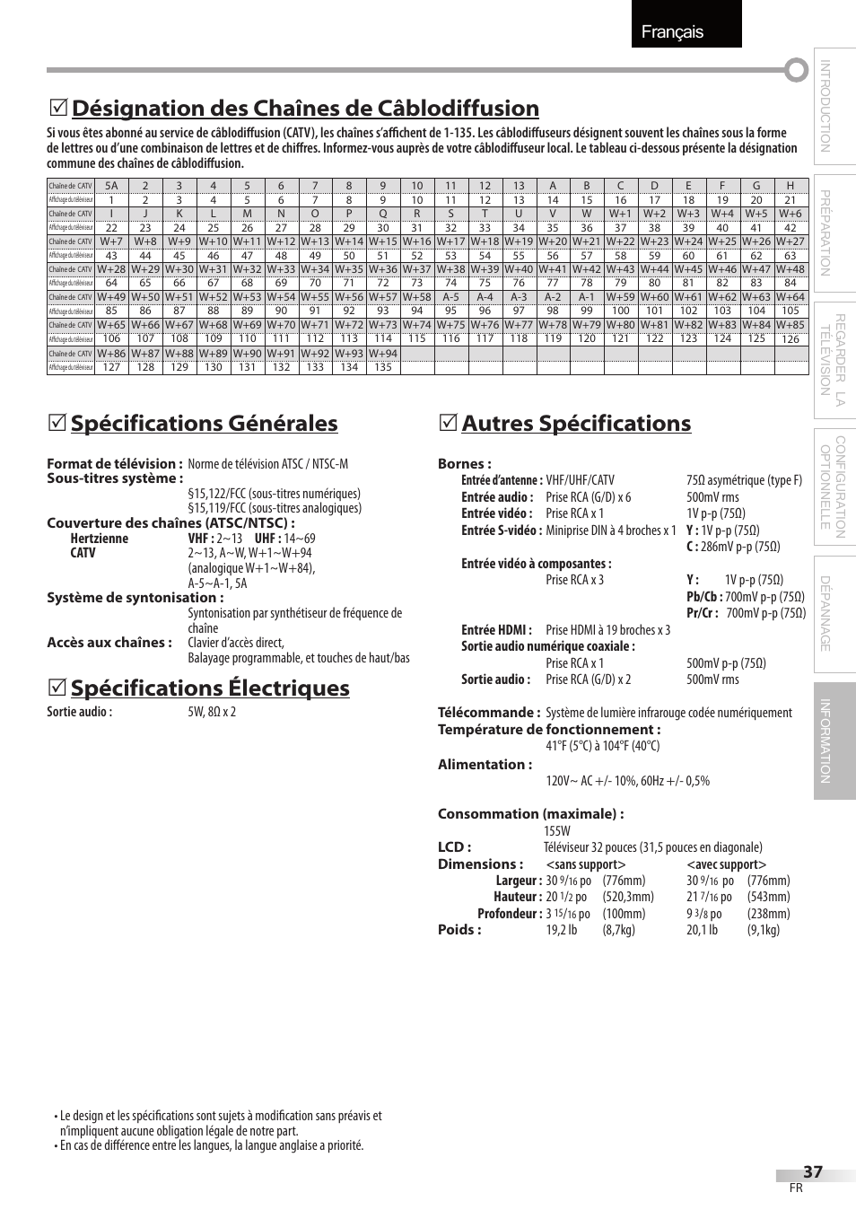 Français, Spécifications générales, Spécifications électriques | 5autres spécifications, Désignation des chaînes de câblodiffusion 5 | FUNAI LC320EMX User Manual | Page 75 / 114