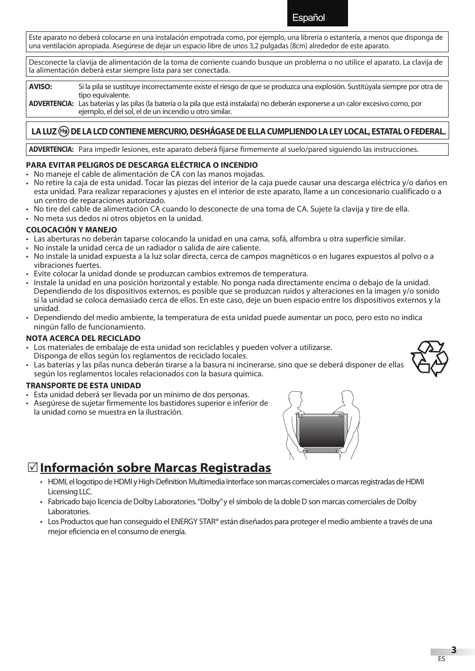 English español français, Información sobre marcas registradas | FUNAI LC320EMX User Manual | Page 79 / 114
