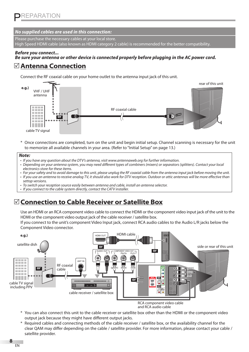 Reparation, Antenna connection, Connection to cable receiver or satellite box | No supplied cables are used in this connection | FUNAI LC320EMX User Manual | Page 8 / 114