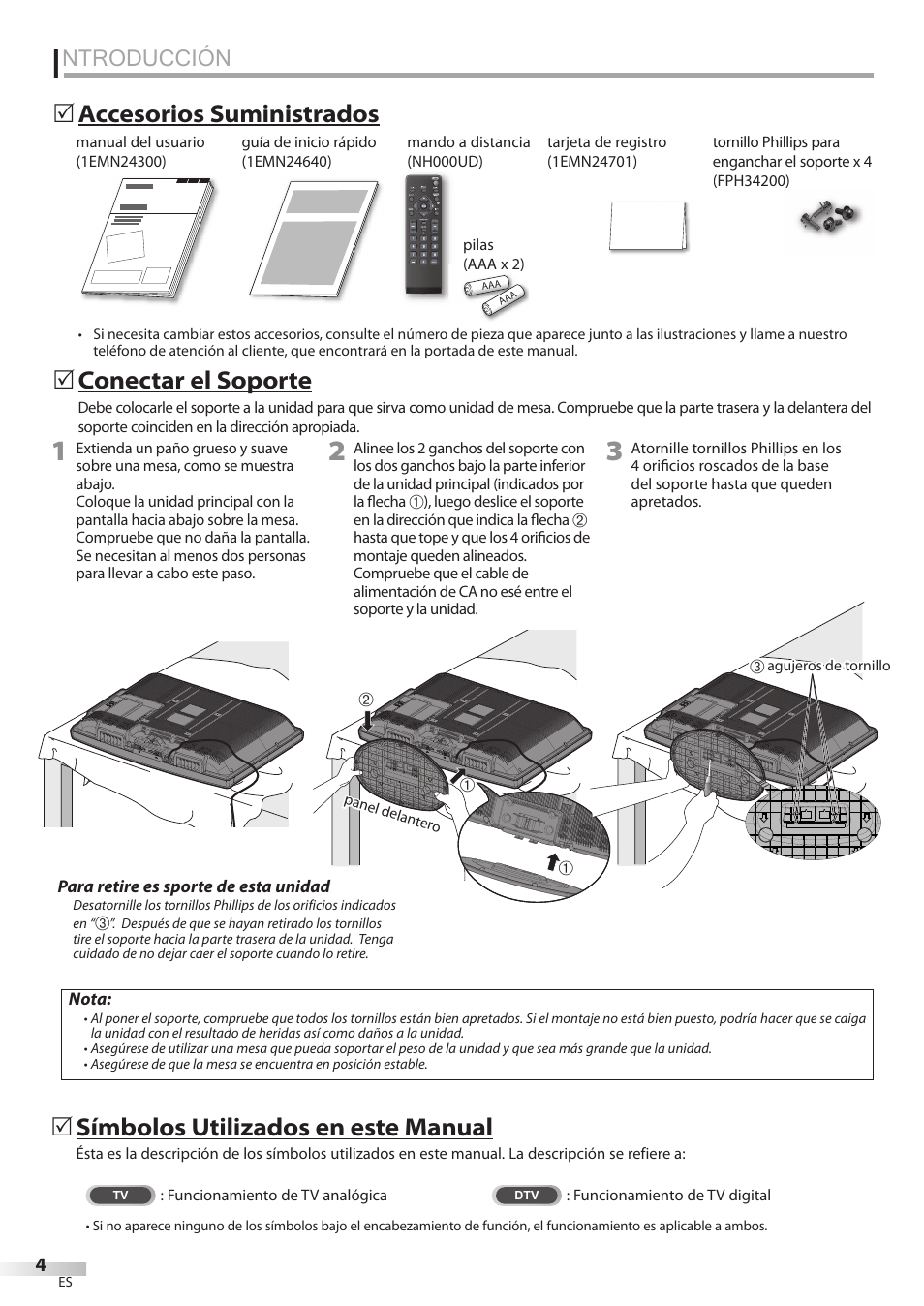 Ntroducción, Accesorios suministrados 5, Conectar el soporte | Símbolos utilizados en este manual | FUNAI LC320EMX User Manual | Page 80 / 114