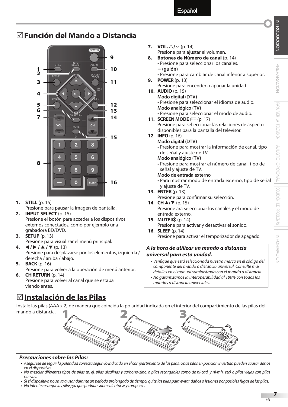 English español français, Función del mando a distancia 5, Instalación de las pilas | FUNAI LC320EMX User Manual | Page 83 / 114