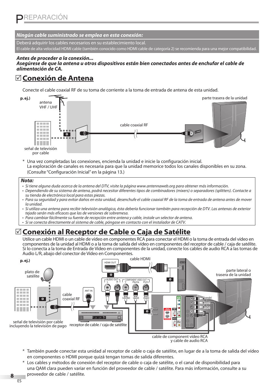 Reparación, Conexión de antena, Conexión al receptor de cable o caja de satélite | Nota | FUNAI LC320EMX User Manual | Page 84 / 114