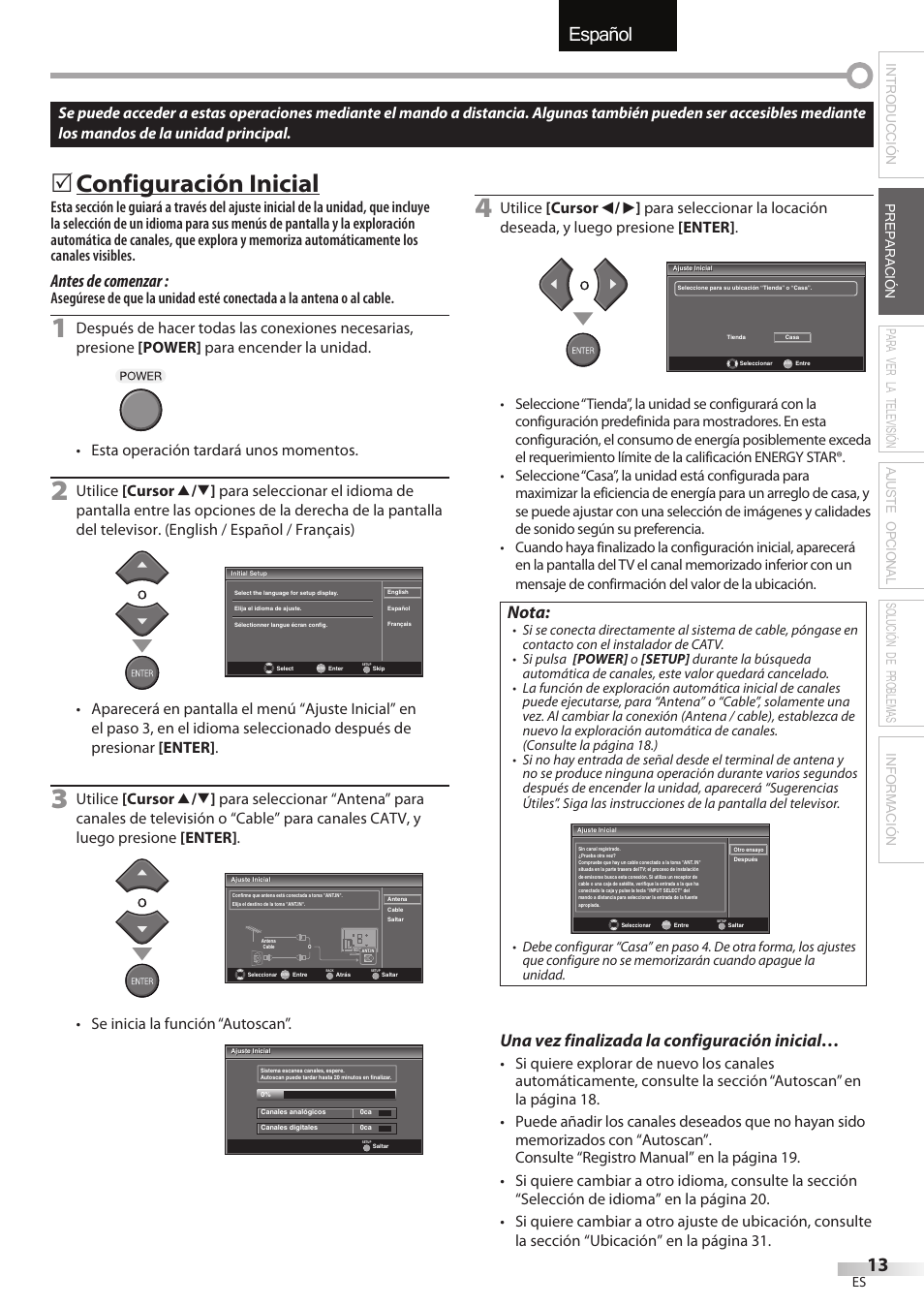 English español français, Configuración inicial, Antes de comenzar | Nota, Una vez finalizada la configuración inicial, Se inicia la función “autoscan | FUNAI LC320EMX User Manual | Page 89 / 114