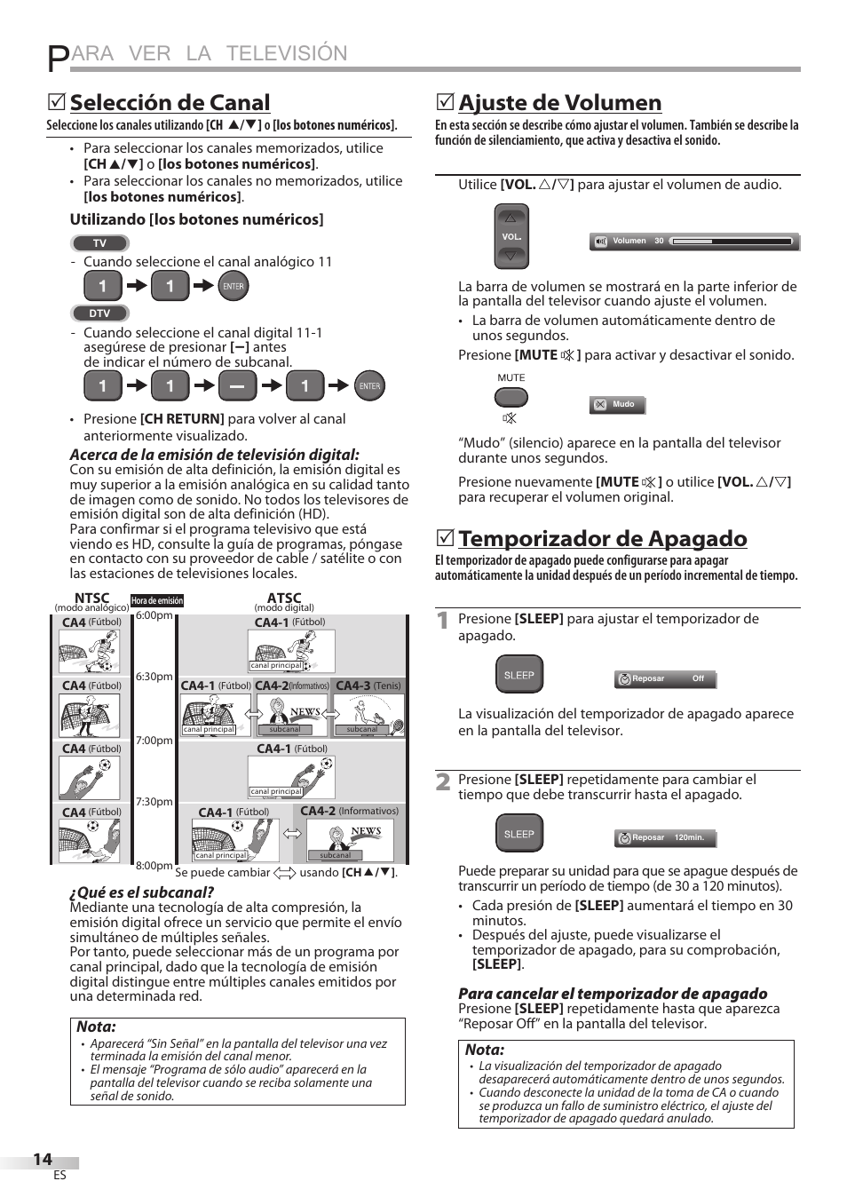 Ara ver la televisión, Selección de canal, Ajuste de volumen | Temporizador de apagado | FUNAI LC320EMX User Manual | Page 90 / 114