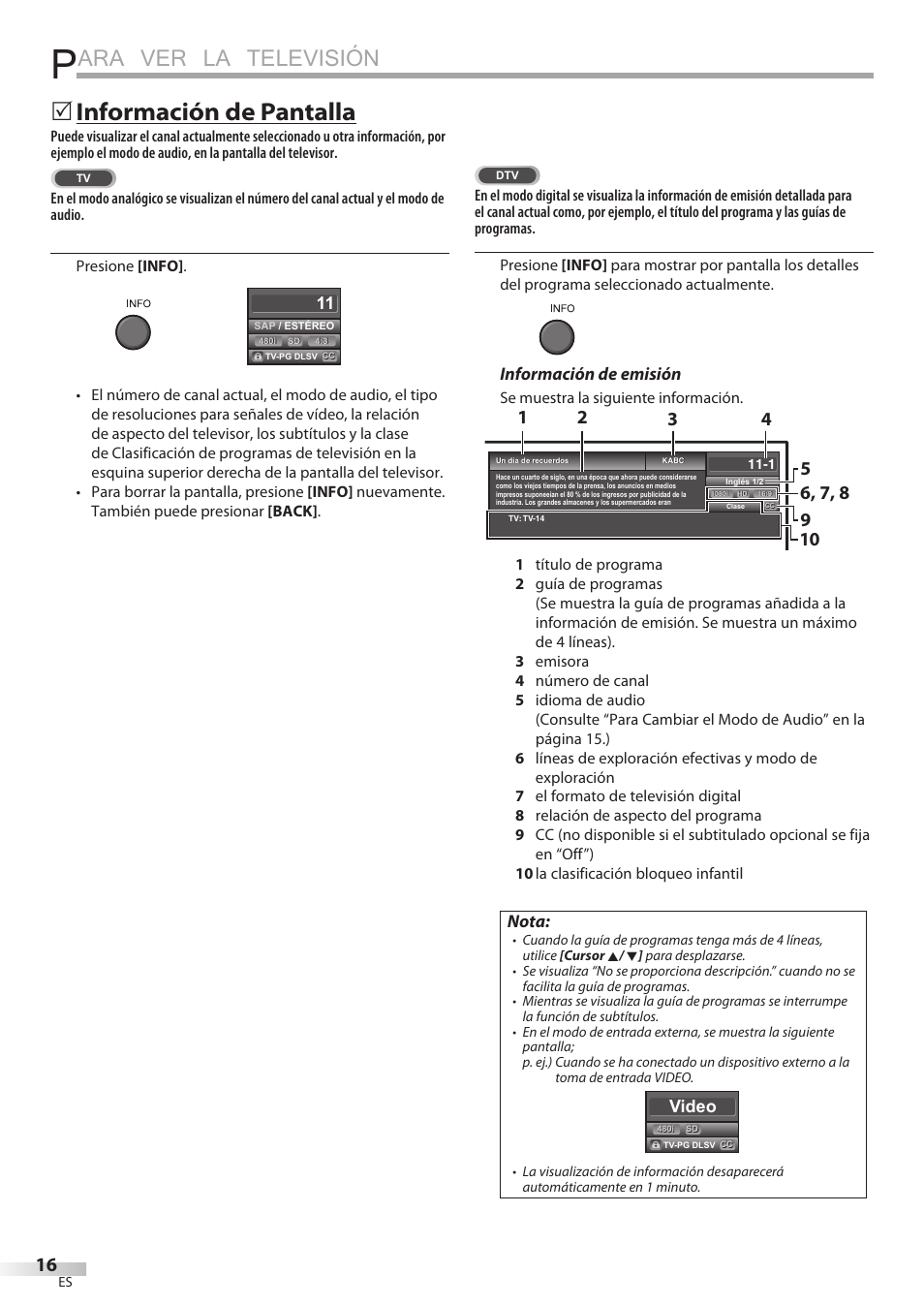 Ara ver la televisión, Información de pantalla, Información de emisión | Nota, Video | FUNAI LC320EMX User Manual | Page 92 / 114