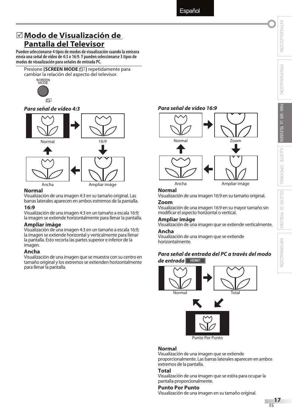 English español français, Modo de visualización de pantalla del televisor | FUNAI LC320EMX User Manual | Page 93 / 114