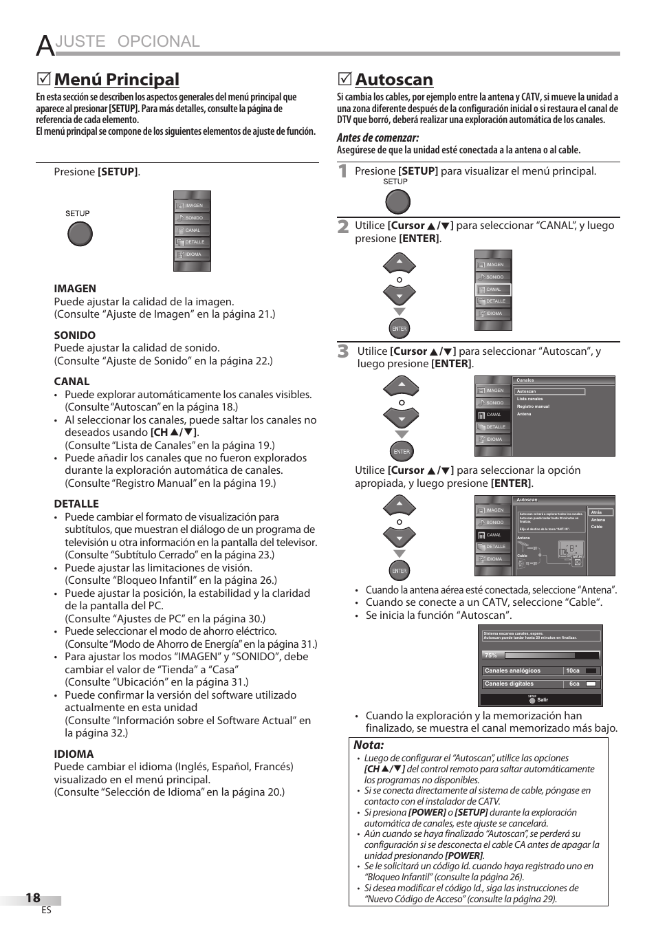 Juste opcional, Menú principal, Autoscan | Antes de comenzar, Nota | FUNAI LC320EMX User Manual | Page 94 / 114