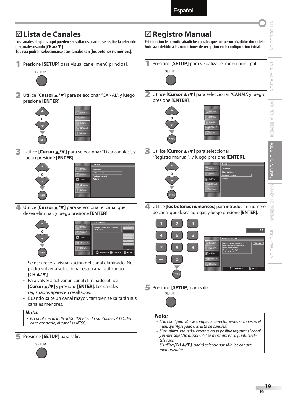 English español français, Lista de canales, Registro manual | Nota, Presione [setup] para visualizar el menú principal, Presione [setup] para salir | FUNAI LC320EMX User Manual | Page 95 / 114