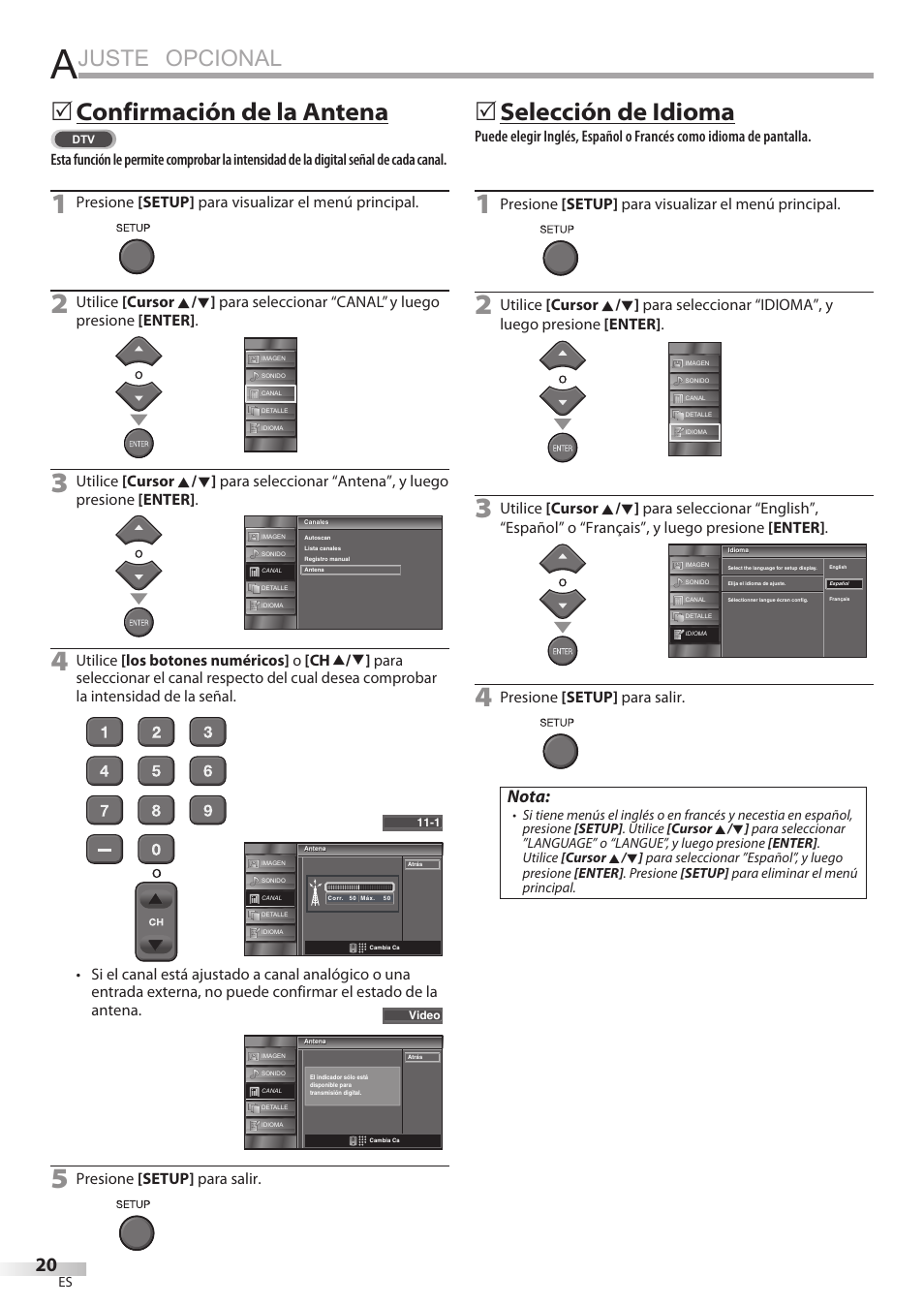 Juste opcional, Confirmación de la antena, Selección de idioma | Nota | FUNAI LC320EMX User Manual | Page 96 / 114