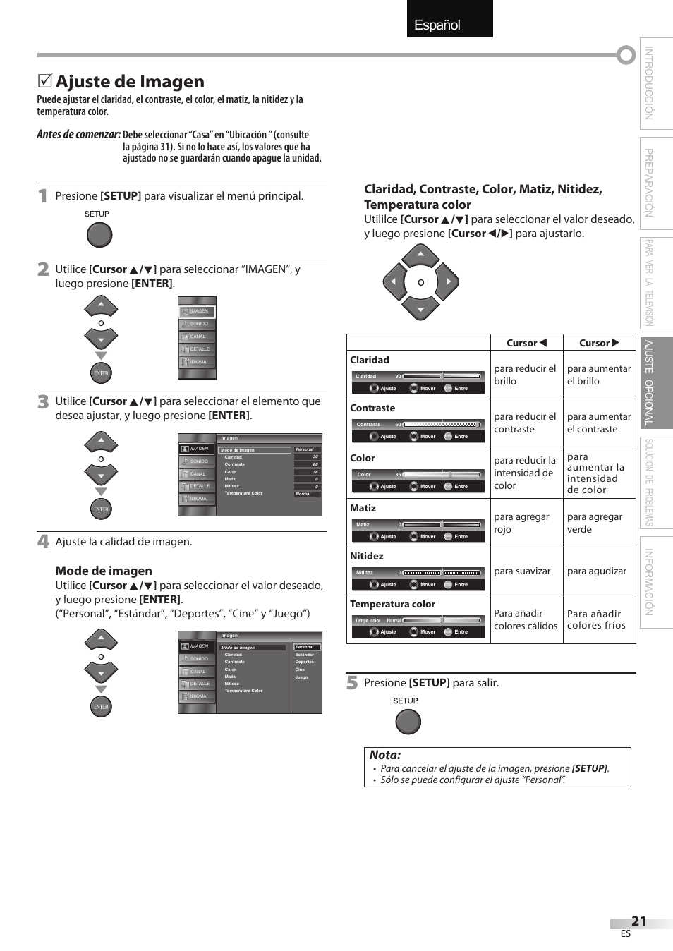 English español français, Ajuste de imagen, Antes de comenzar | Mode de imagen, Nota, Presione [setup] para visualizar el menú principal, Ajuste la calidad de imagen, Presione [setup] para salir | FUNAI LC320EMX User Manual | Page 97 / 114