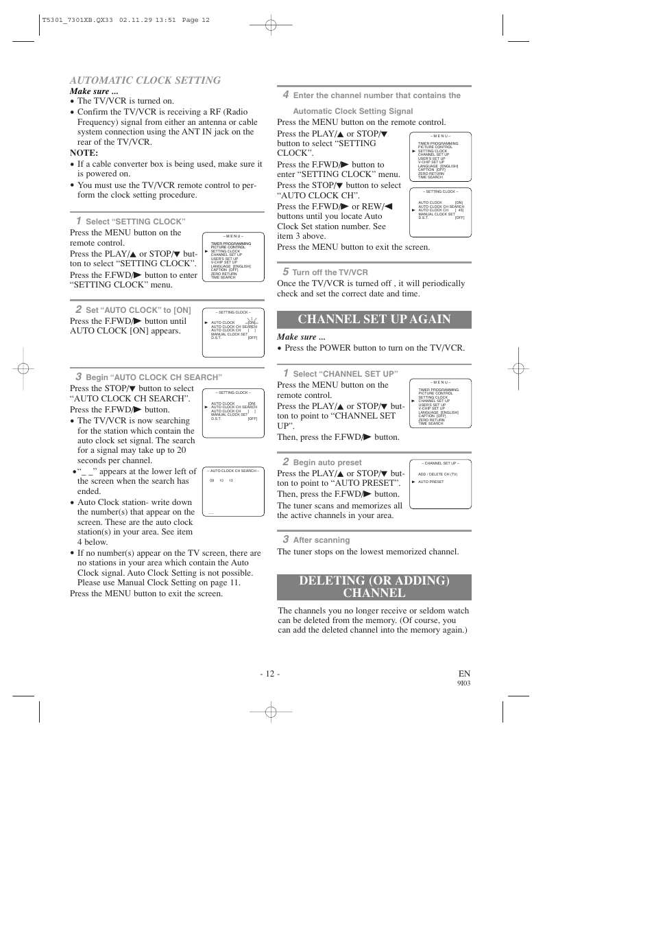 Deleting (or adding) channel channel set up again, Automatic clock setting | FUNAI F319CC User Manual | Page 12 / 32