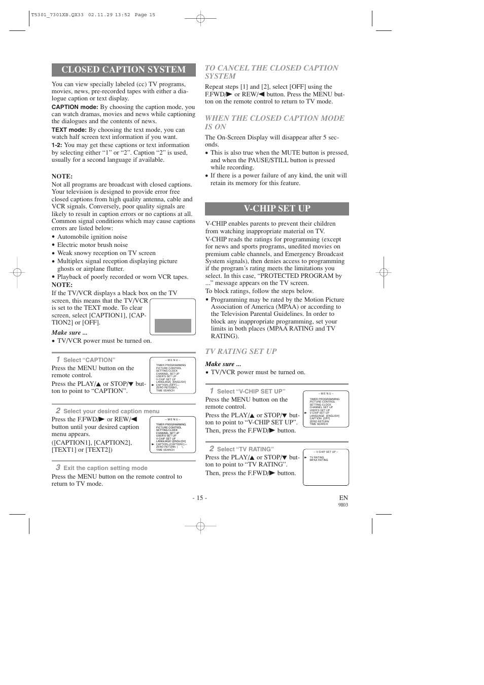 Closed caption system, V-chip set up | FUNAI F319CC User Manual | Page 15 / 32