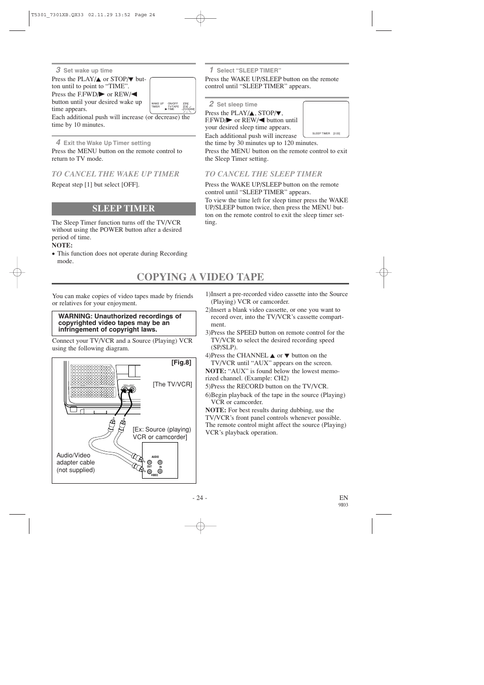 Copying a video tape, Sleep timer | FUNAI F319CC User Manual | Page 24 / 32