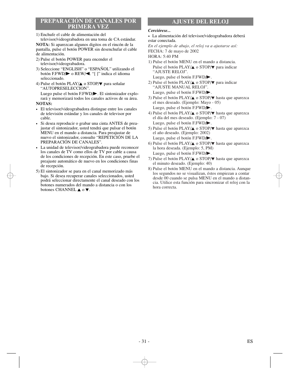 Preparación de canales por primera vez, Ajuste del reloj | FUNAI F319CC User Manual | Page 31 / 32