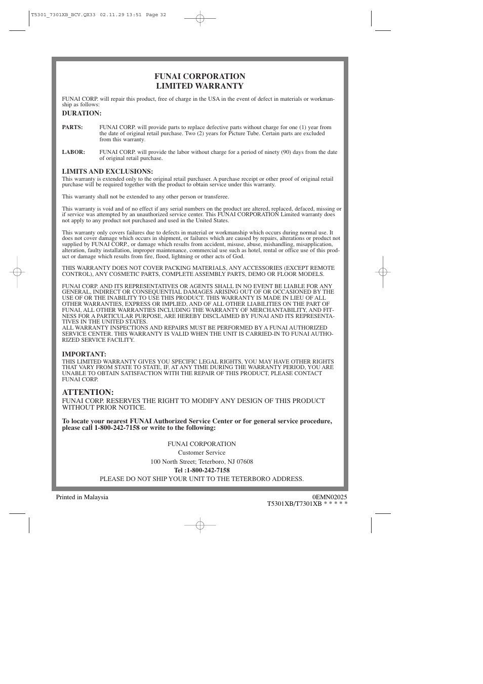 Funai corporation limited warranty, Attention | FUNAI F319CC User Manual | Page 32 / 32