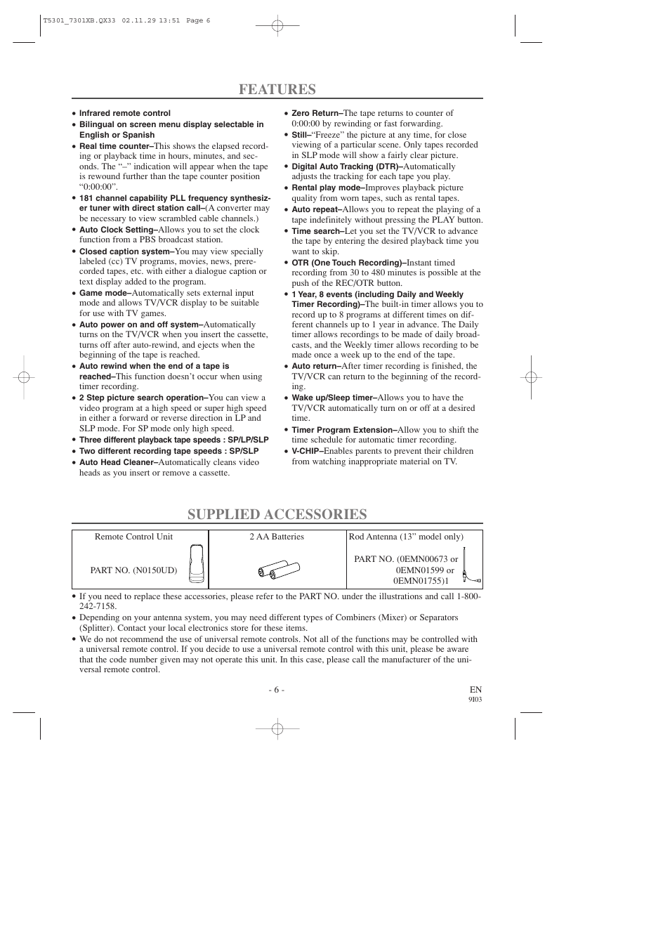 Features, Supplied accessories | FUNAI F319CC User Manual | Page 6 / 32