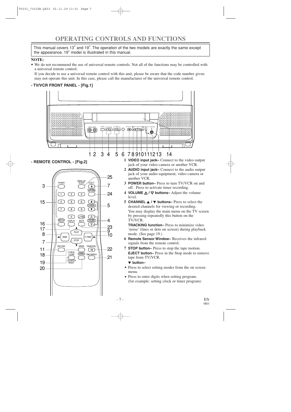 Operating controls and functions | FUNAI F319CC User Manual | Page 7 / 32