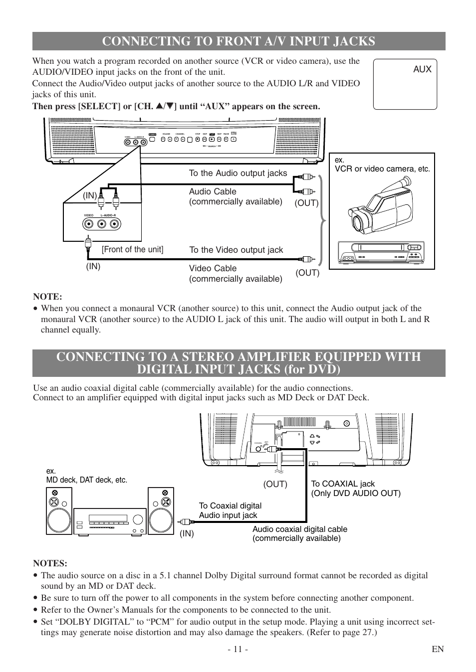 Connecting to front a/v input jacks, 11 - en, Ex. vcr or video camera, etc | FUNAI CSV20PFD User Manual | Page 11 / 34