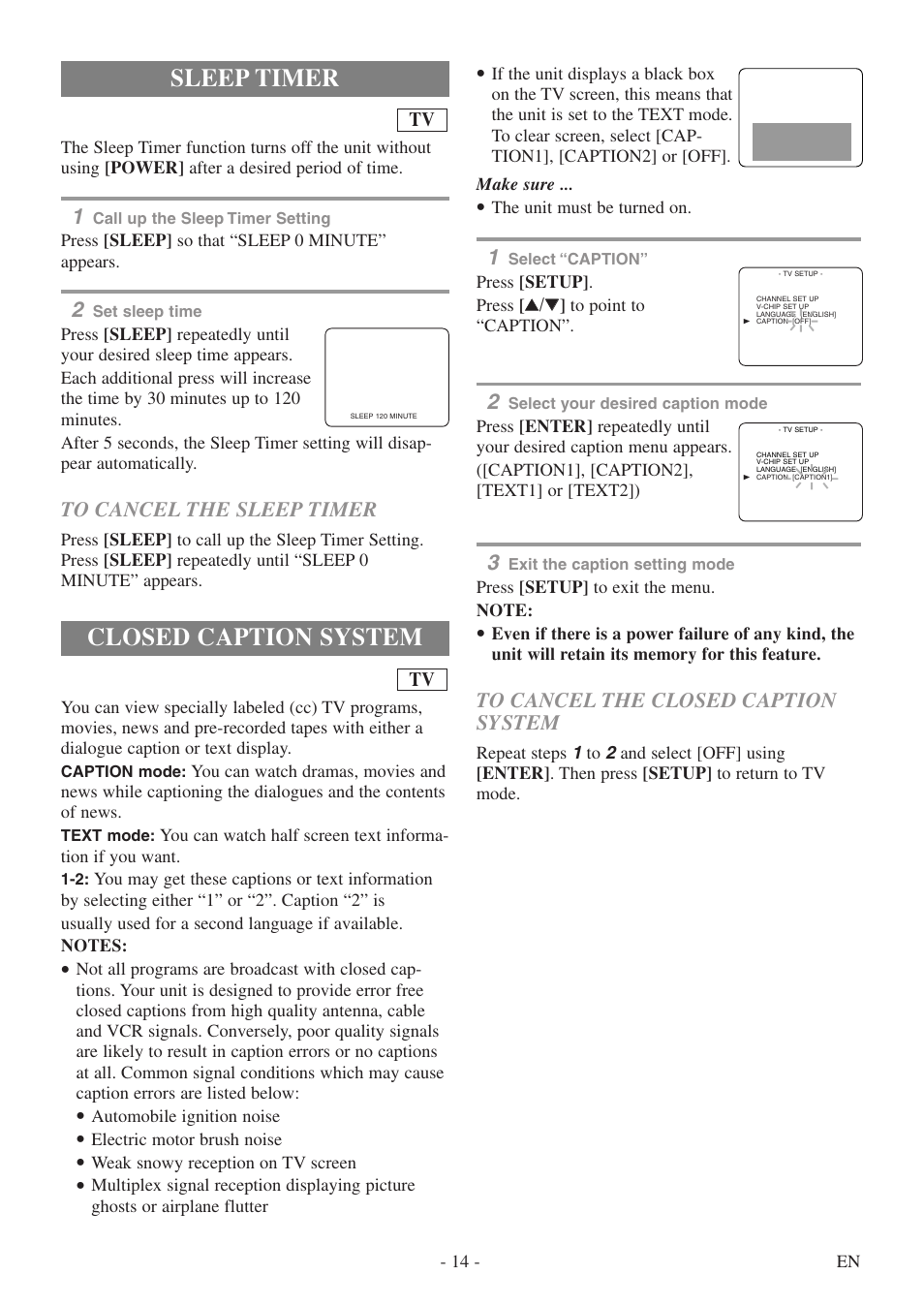 Closed caption system, Sleep timer | FUNAI CSV20PFD User Manual | Page 14 / 34