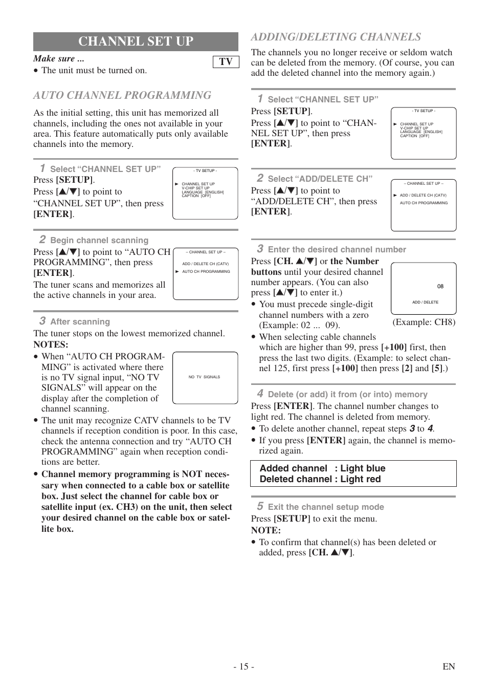 Channel set up, Auto channel programming, Adding/deleting channels | FUNAI CSV20PFD User Manual | Page 15 / 34
