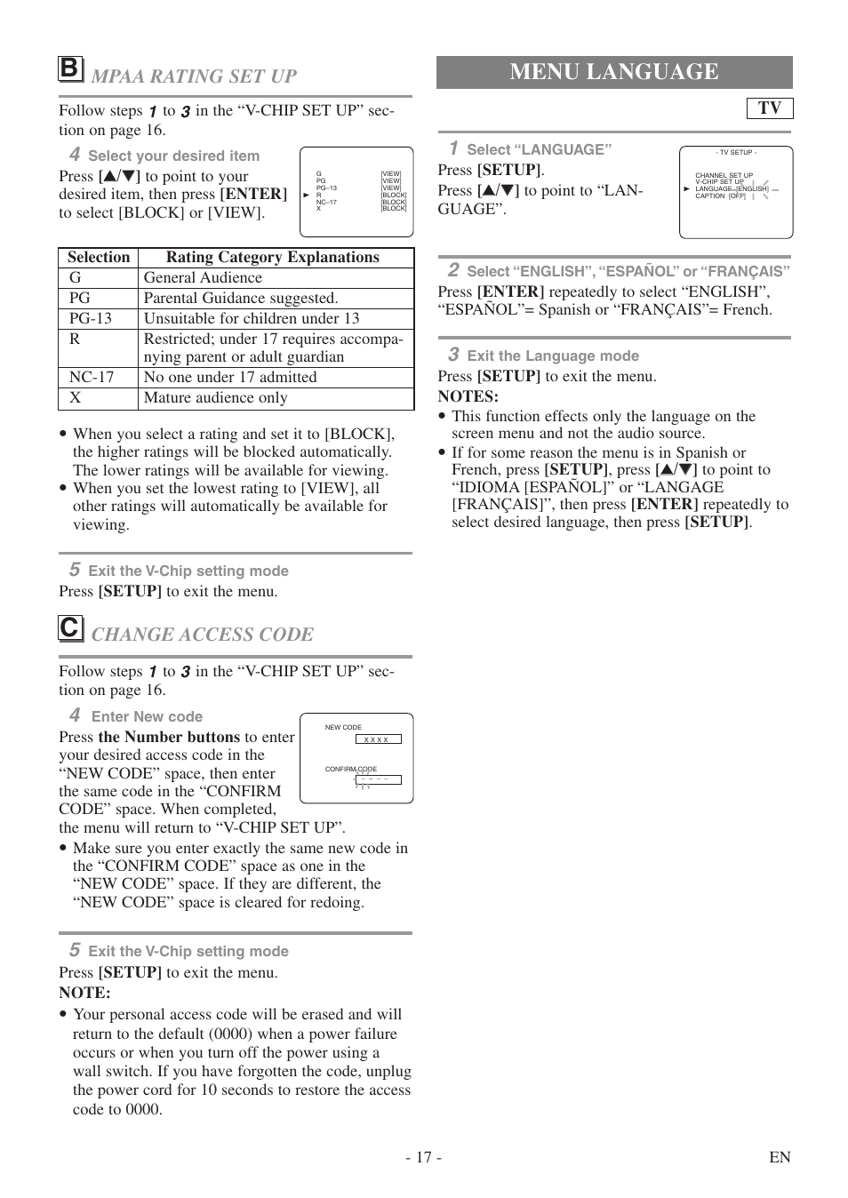 Menu language, Change access code, Mpaa rating set up | FUNAI CSV20PFD User Manual | Page 17 / 34