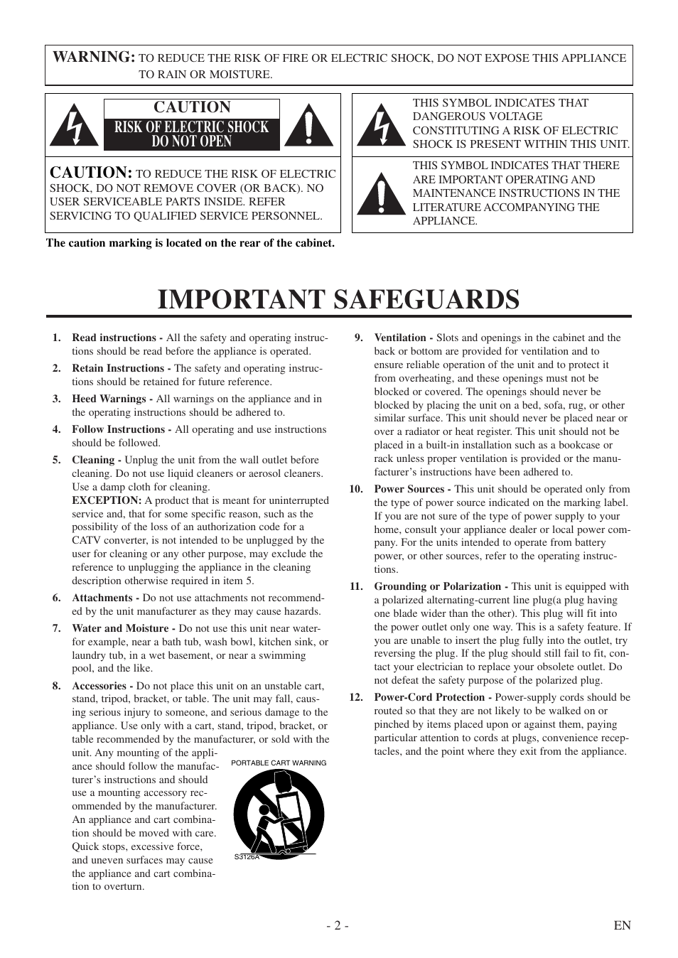 Important safeguards, Caution, Caution risk of electric shock do not open | Warning | FUNAI CSV20PFD User Manual | Page 2 / 34