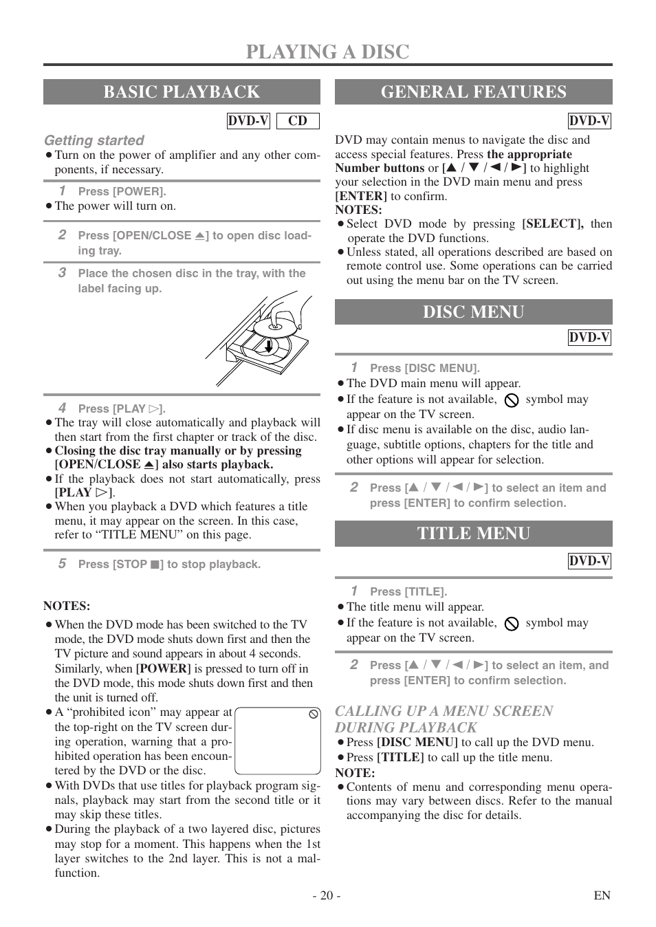 Playing a disc, Basic playback, General features | Title menu, Disc menu, Calling up a menu screen during playback | FUNAI CSV20PFD User Manual | Page 20 / 34