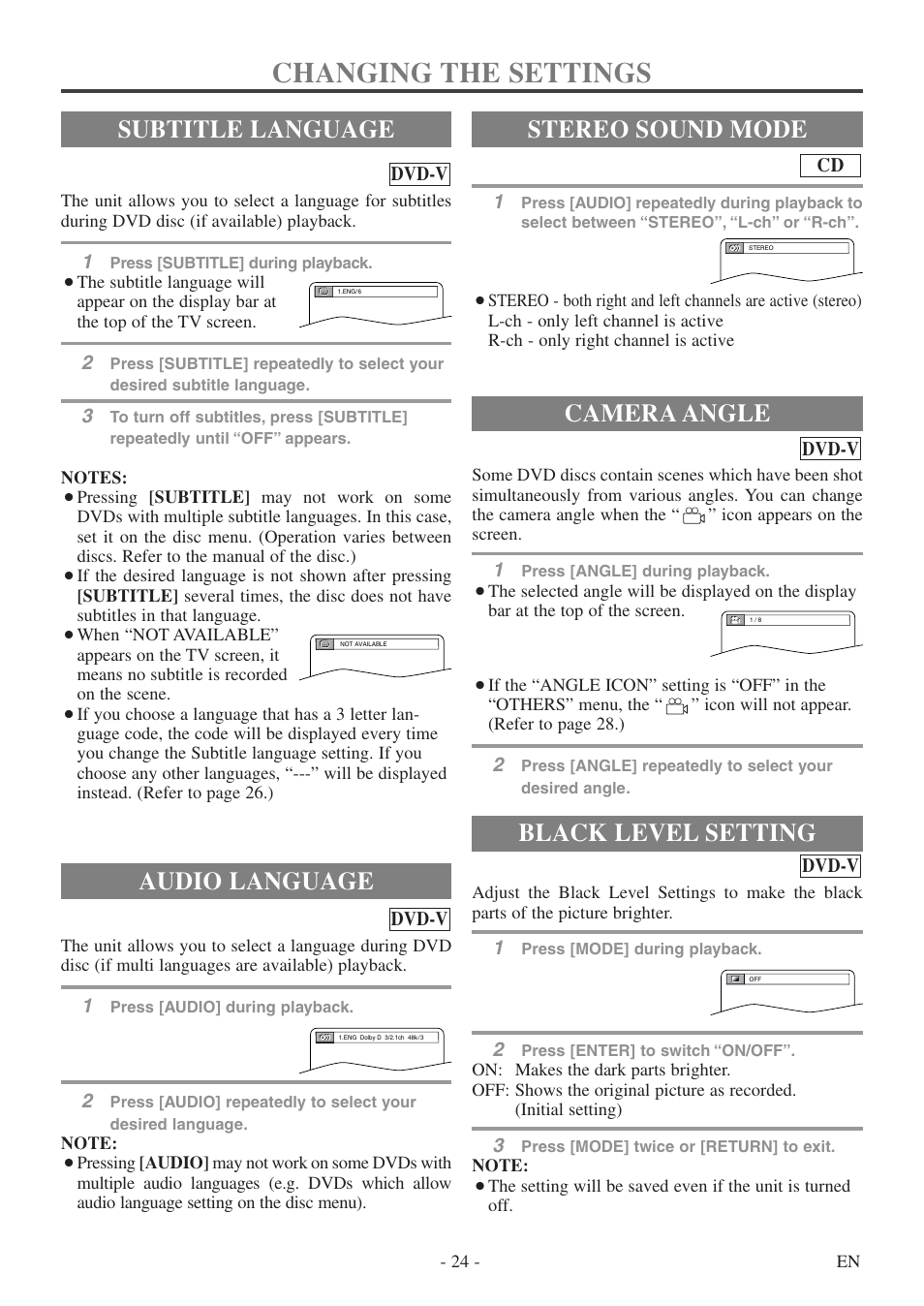 Changing the settings, Audio language, Stereo sound mode | Subtitle language camera angle, Black level setting | FUNAI CSV20PFD User Manual | Page 24 / 34