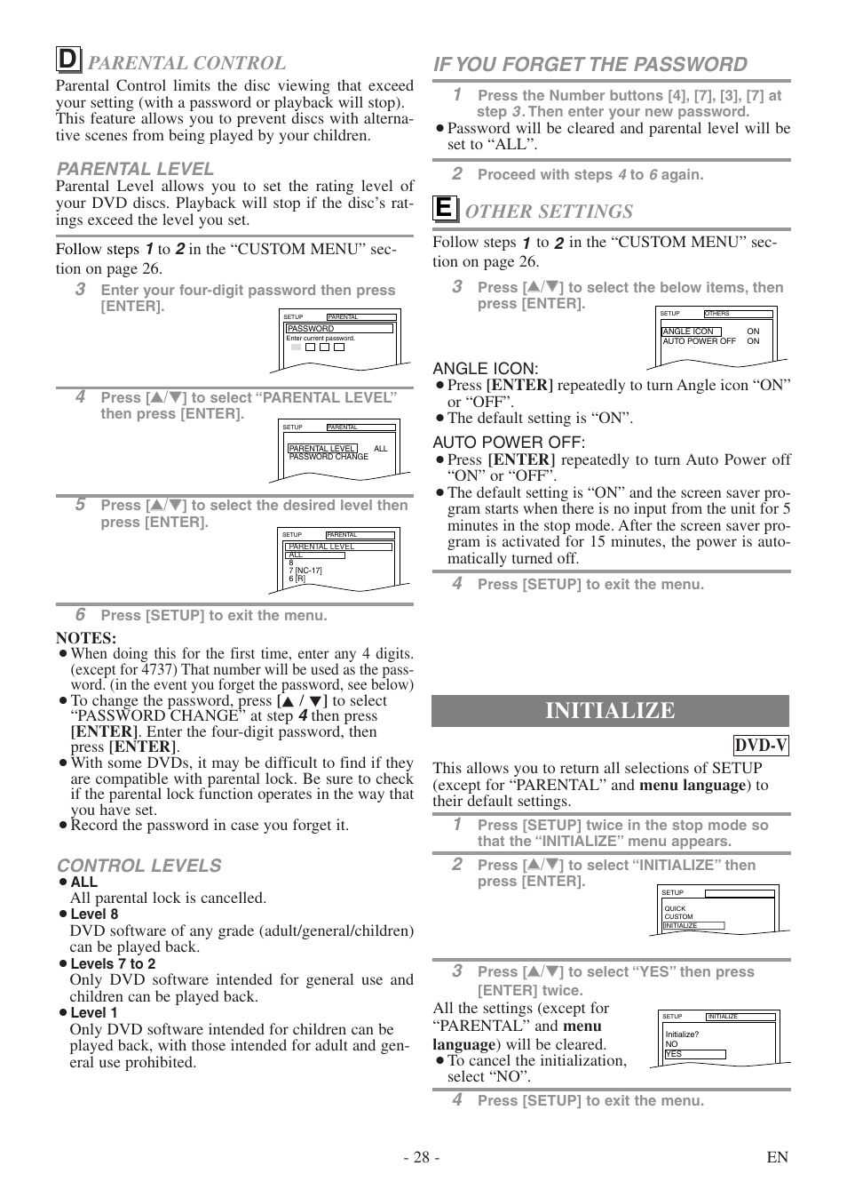 Initialize, Parental control, If you forget the password | Other settings, Control levels, Parental level, Dvd-v | FUNAI CSV20PFD User Manual | Page 28 / 34