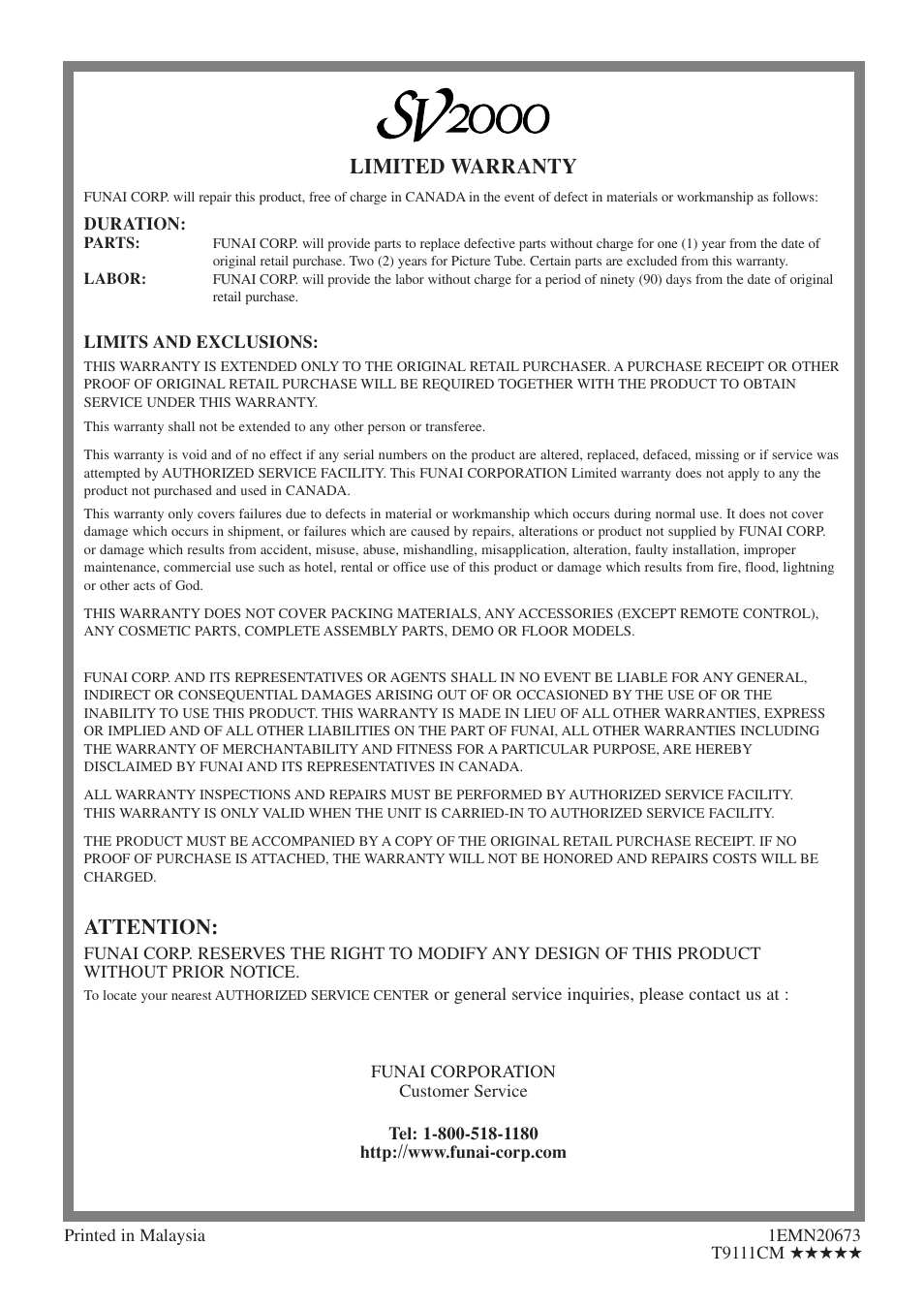 Limited warranty, Attention | FUNAI CSV20PFD User Manual | Page 34 / 34