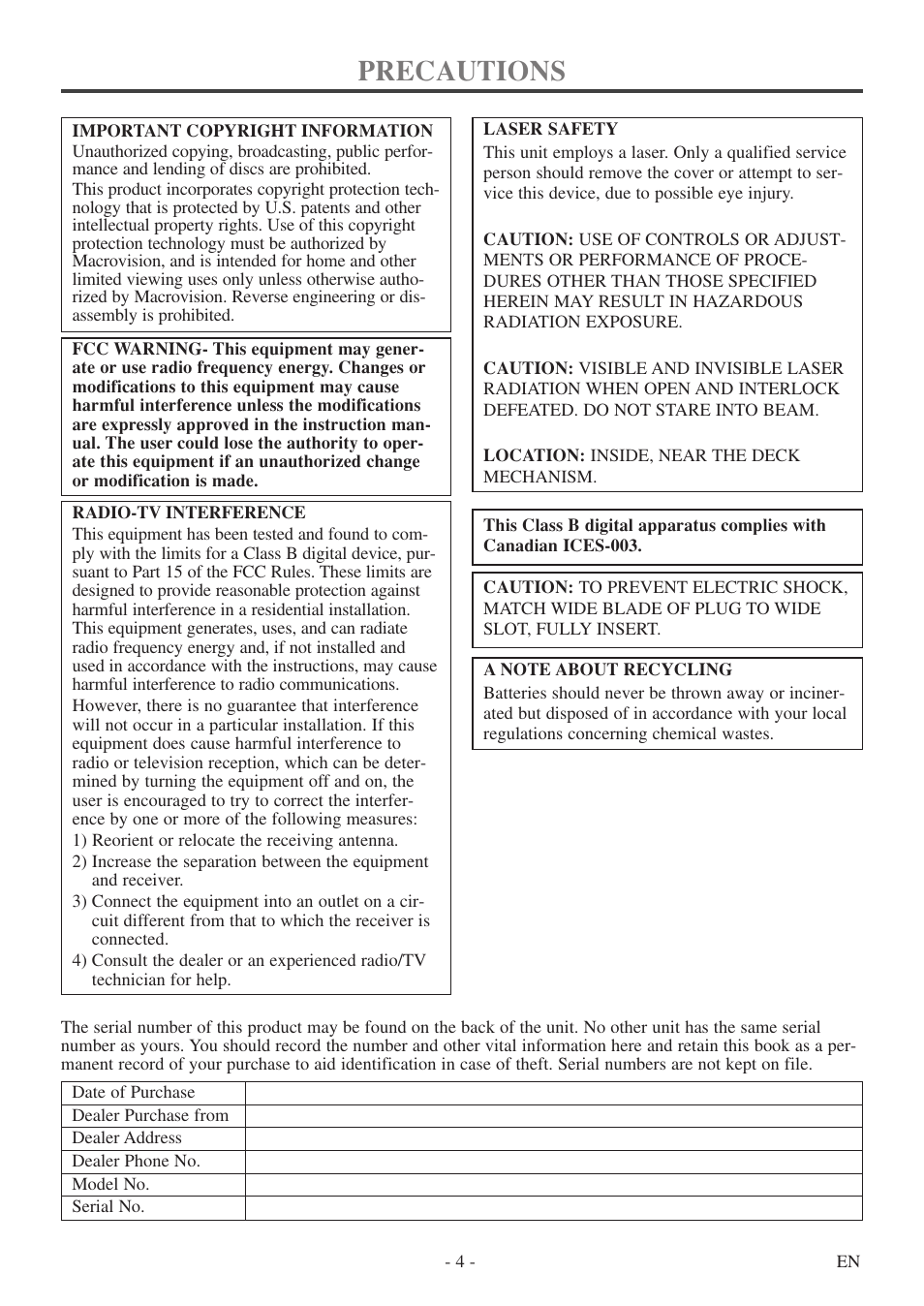Precautions | FUNAI CSV20PFD User Manual | Page 4 / 34