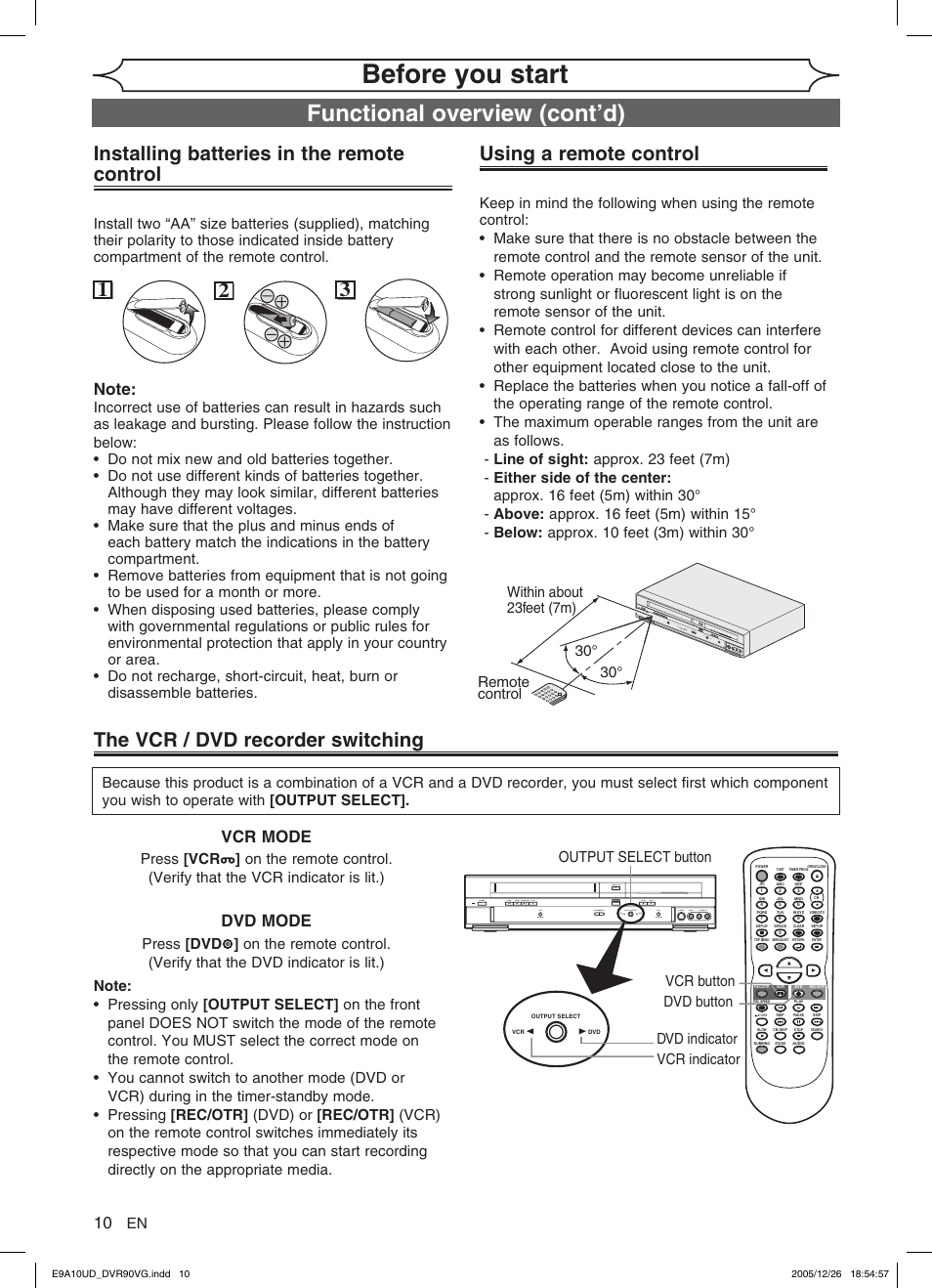 Before you start, Functional overview (cont’d), Using a remote control | Installing batteries in the remote control, The vcr / dvd recorder switching, Vcr mode dvd mode | FUNAI DVR90VG User Manual | Page 12 / 90