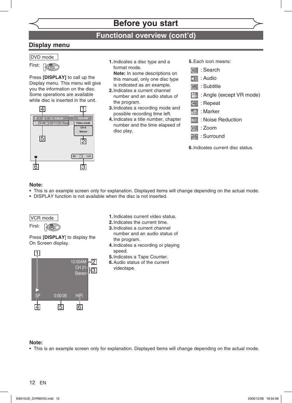 Before you start, Functional overview (cont’d), Display menu | FUNAI DVR90VG User Manual | Page 14 / 90