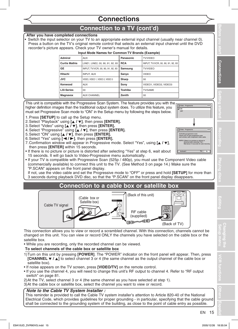 Connections, Connection b, Connection to a cable box or satellite box | Connection to a tv (cont’d) | FUNAI DVR90VG User Manual | Page 17 / 90