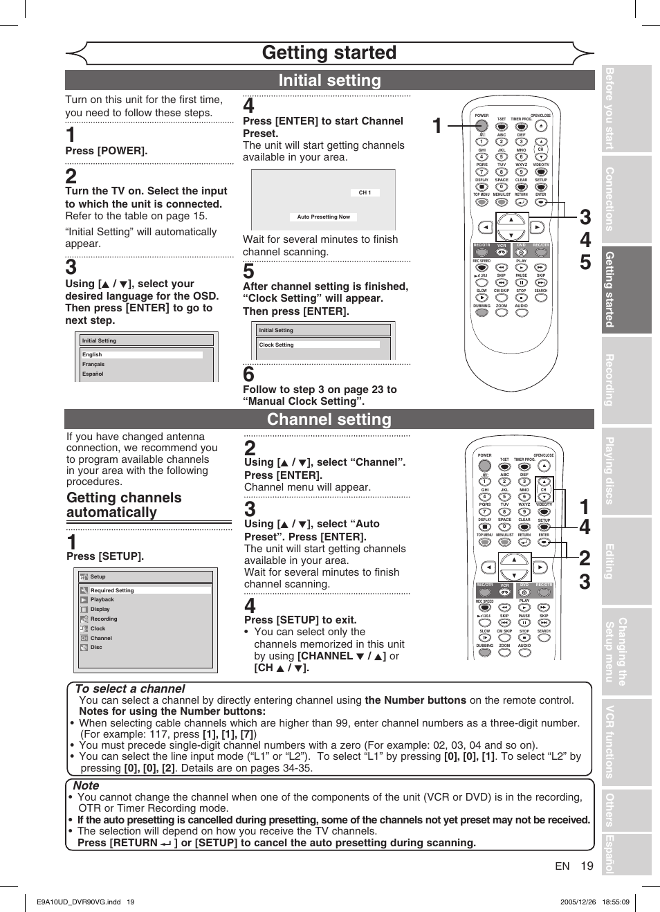 Getting started, Initial setting, Channel setting | Getting channels automatically | FUNAI DVR90VG User Manual | Page 21 / 90