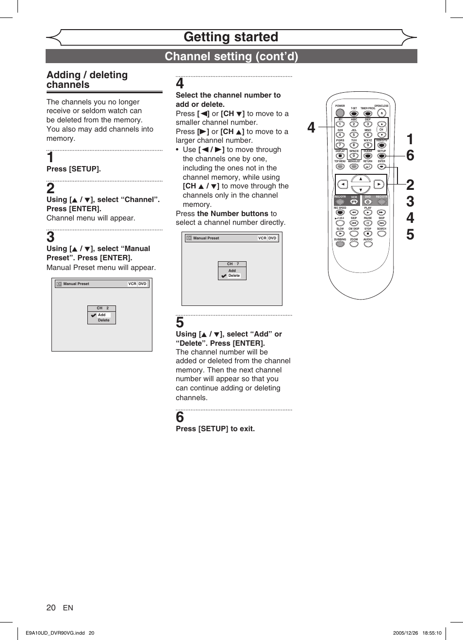 Getting started, Channel setting (cont’d), Adding / deleting channels | FUNAI DVR90VG User Manual | Page 22 / 90