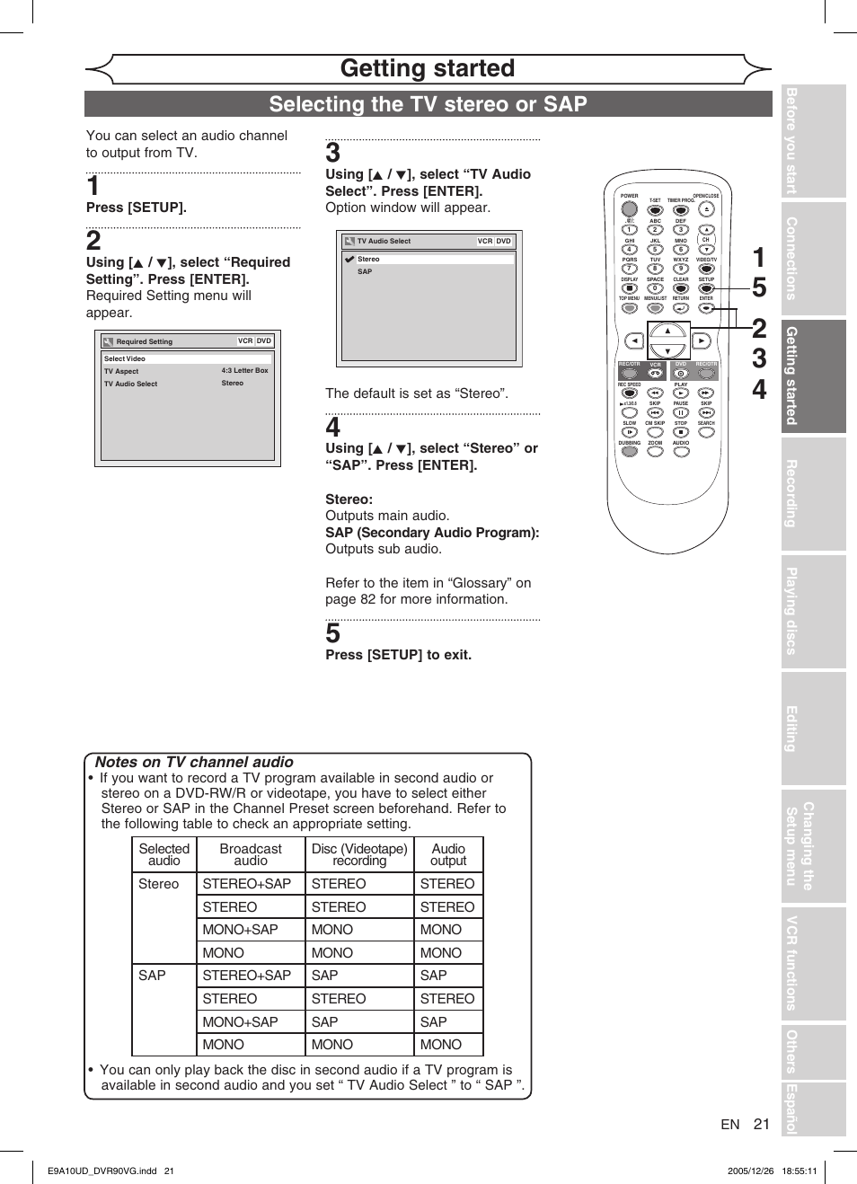 Getting started, Selecting the tv stereo or sap | FUNAI DVR90VG User Manual | Page 23 / 90