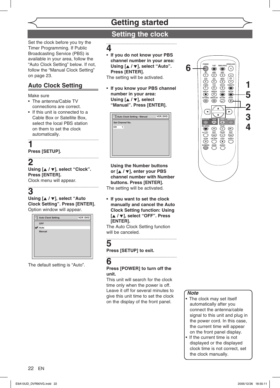 Getting started, Setting the clock, Auto clock setting | FUNAI DVR90VG User Manual | Page 24 / 90