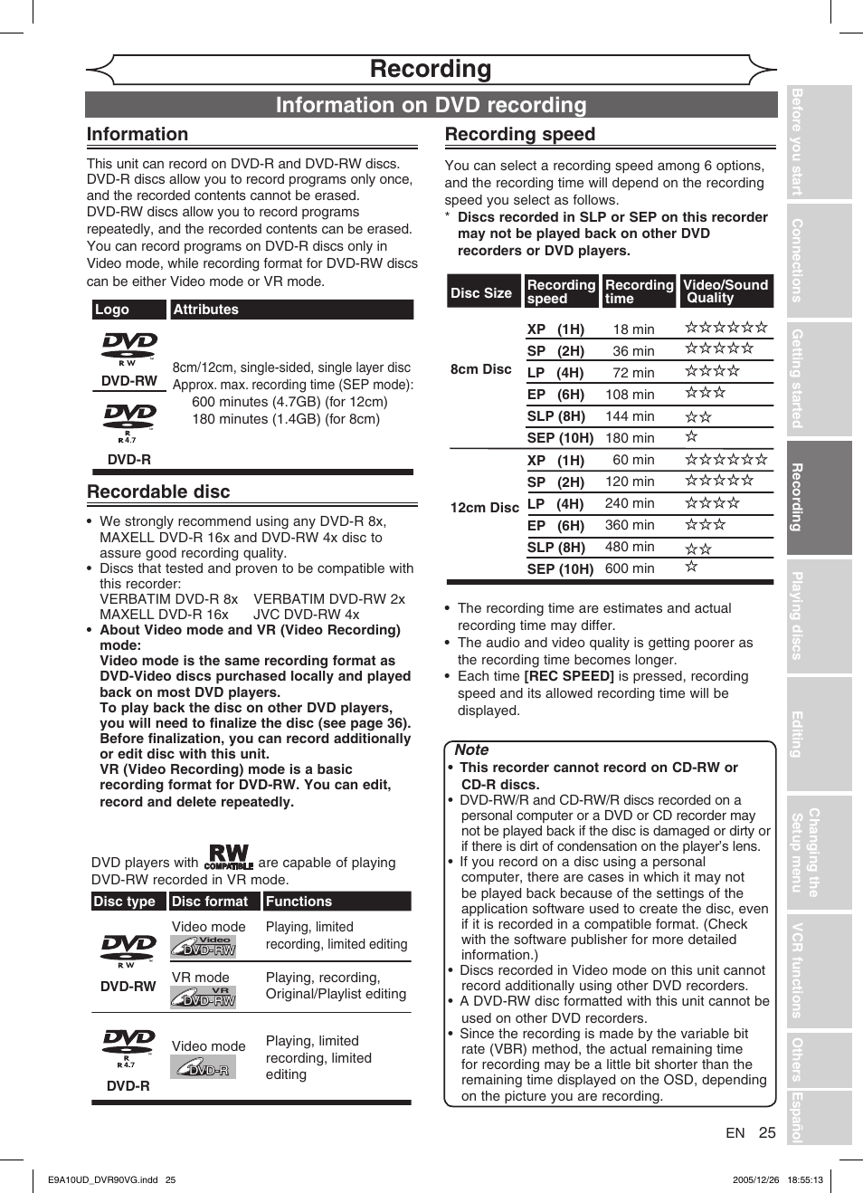 Recording, Information on dvd recording, Information | Recordable disc, Recording speed | FUNAI DVR90VG User Manual | Page 27 / 90