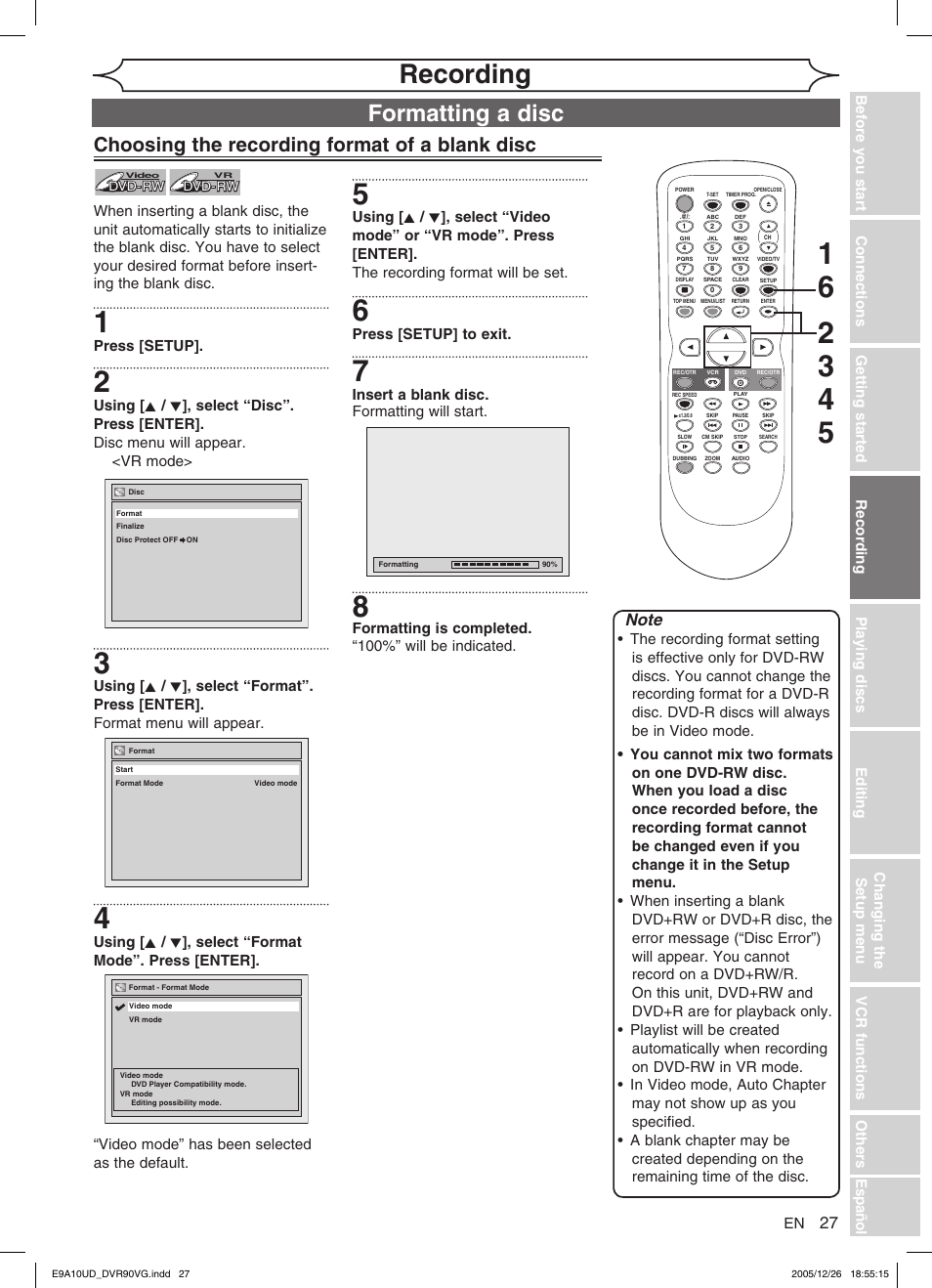 Recording, Formatting a disc, Choosing the recording format of a blank disc | FUNAI DVR90VG User Manual | Page 29 / 90