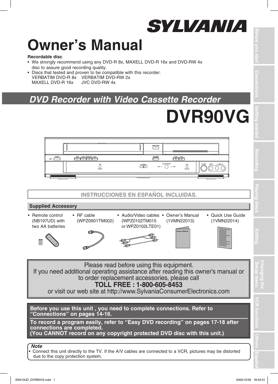 Dvr90vg, Owner’s manual, Dvd recorder with video cassette recorder | FUNAI DVR90VG User Manual | Page 3 / 90