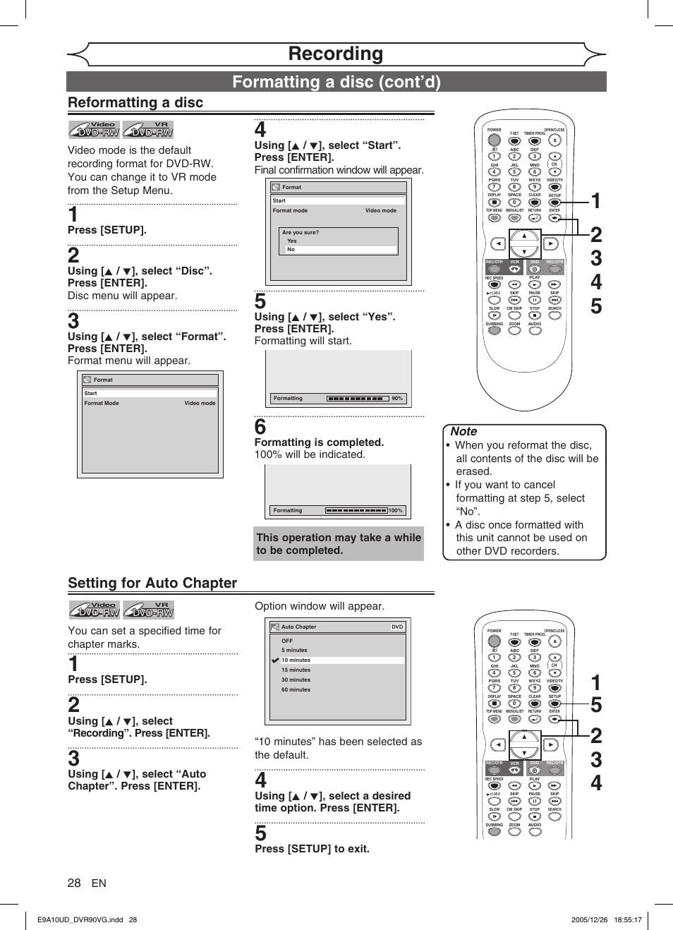 Recording, Formatting a disc (cont’d), Reformatting a disc | Setting for auto chapter, Press [setup, Formatting is completed. 100% will be indicated, This operation may take a while to be completed, You can set a specified time for chapter marks, Using [ k / l ], select “recording”. press [enter, Press [setup] to exit | FUNAI DVR90VG User Manual | Page 30 / 90