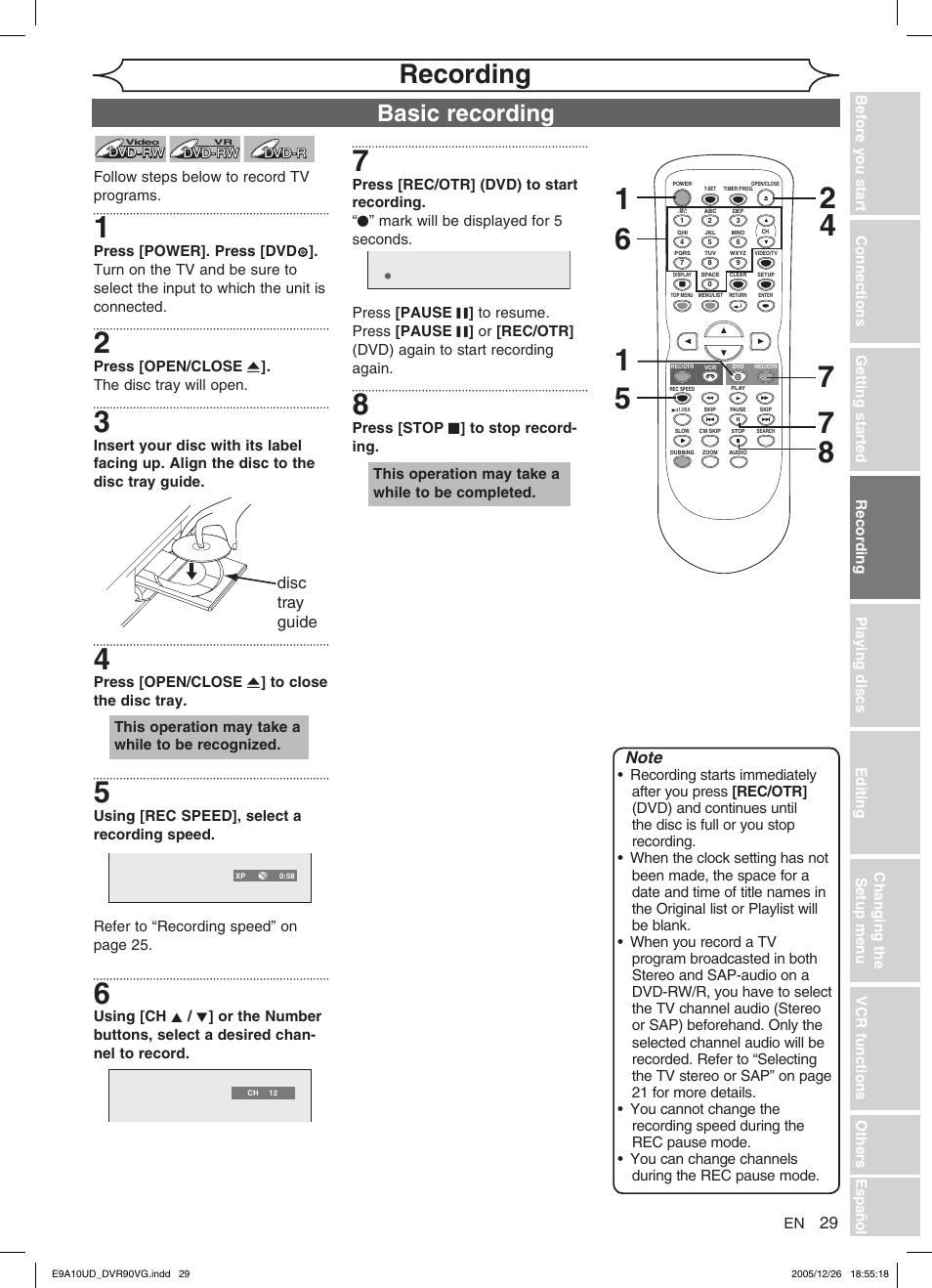 Recording, Basic recording | FUNAI DVR90VG User Manual | Page 31 / 90