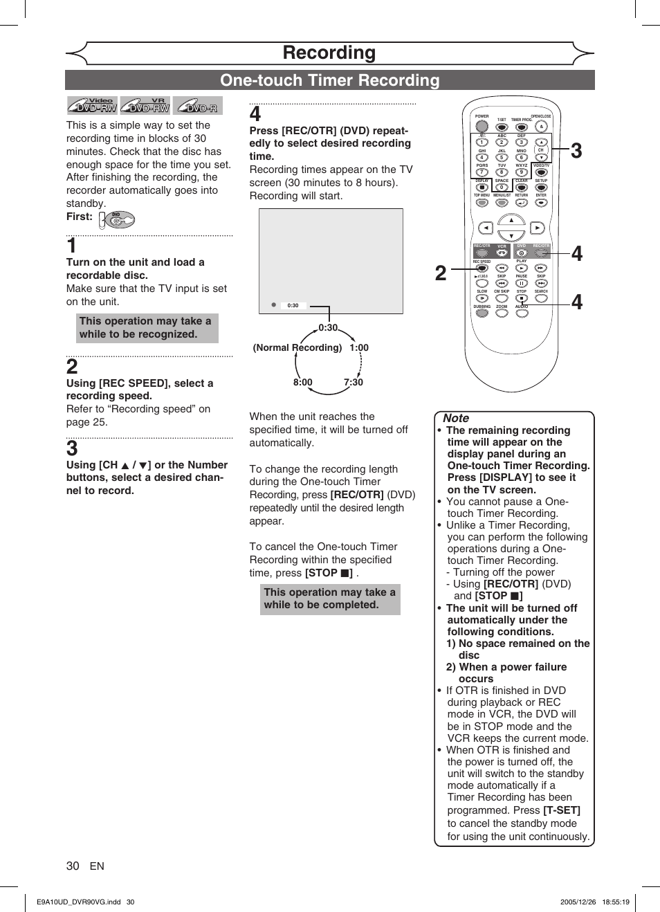 Recording, One-touch timer recording | FUNAI DVR90VG User Manual | Page 32 / 90