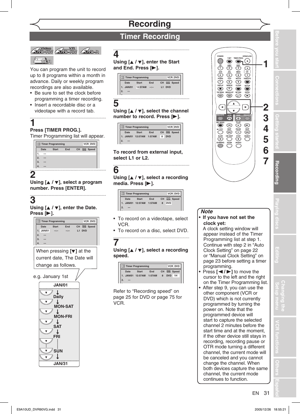 Recording, Timer recording, Using [ k / l ], enter the date. press [ b | E.g. january 1st | FUNAI DVR90VG User Manual | Page 33 / 90