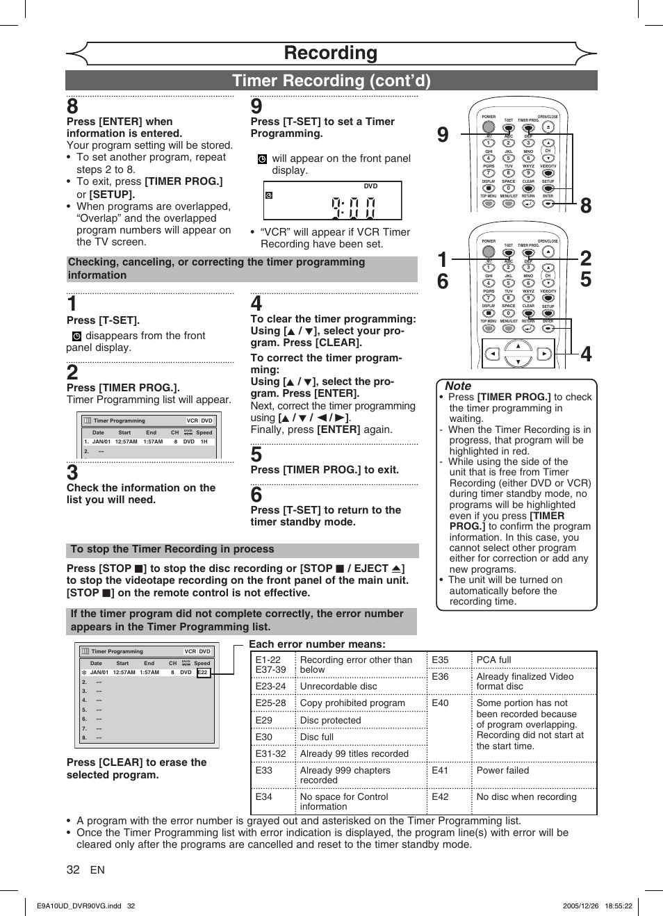 Recording, Timer recording (cont’d), Press [t-set | Check the information on the list you will need, Press [timer prog.] to exit, Press [t-set] to return to the timer standby mode, Disappears from the front panel display | FUNAI DVR90VG User Manual | Page 34 / 90