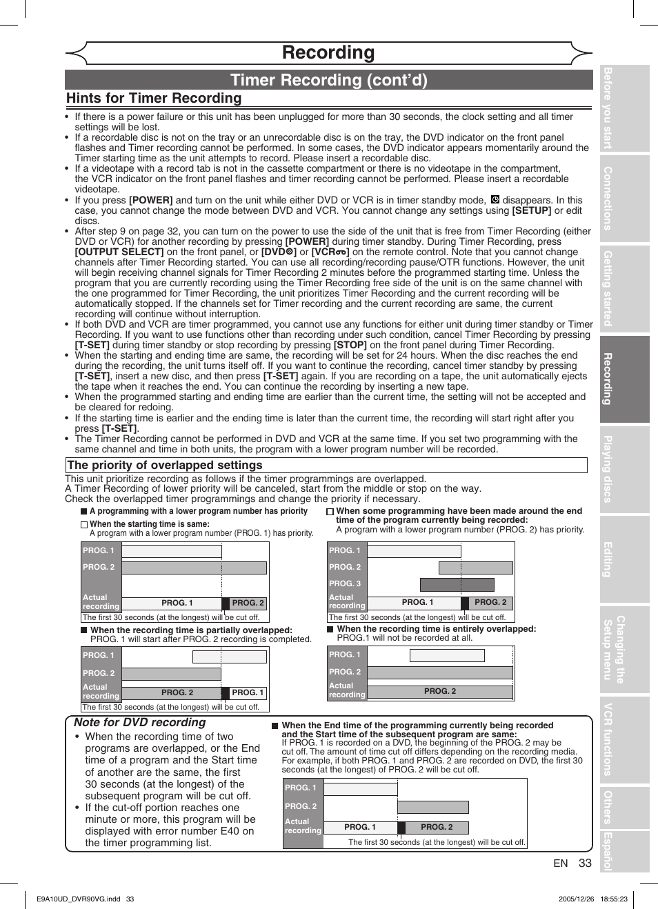 Recording, Timer recording (cont’d), Hints for timer recording | FUNAI DVR90VG User Manual | Page 35 / 90