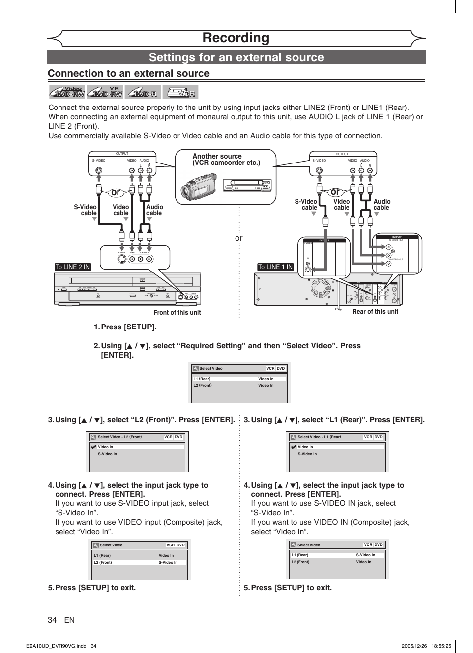 Recording, Settings for an external source, Connection to an external source | Another source (vcr camcorder etc.) | FUNAI DVR90VG User Manual | Page 36 / 90